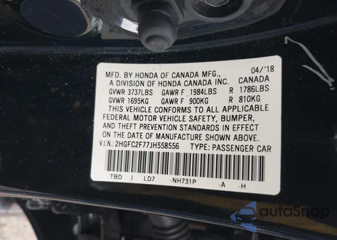 2018 Honda Civic Ex z USA, uszkodzony, nr VIN 2HGFC2F77JH558556